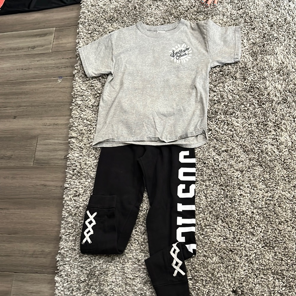 Grey volleyball shirt and black justice sweat pants